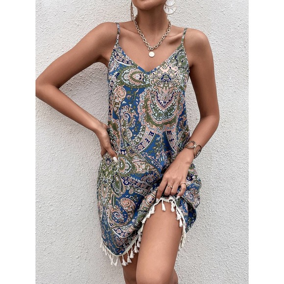 Paisley Floral Print Tassel Hem Cami mini Dress red - Picture 8 of 11